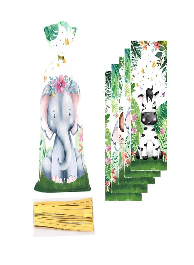 CSTYWC 50 Pcs Safari Animal Plastic Goody Treat Bags - Cellophane Gift Bags with Ribbons for Favors - Safari Jungle Theme Party Supplies for Birthday Party - Image 1